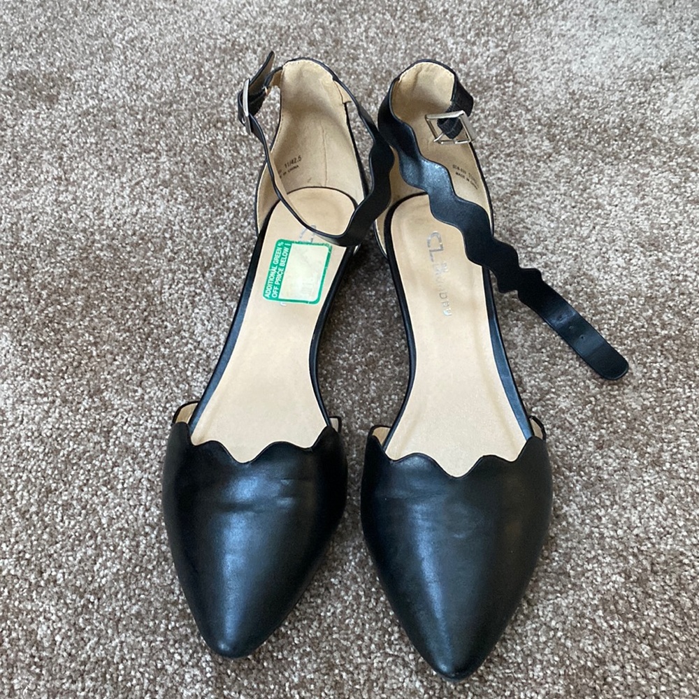 Black ankle strap CL by Laundry wedge shoes.